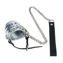 Afbeelding in Gallery-weergave laden, Ventilated Weighted Stainless Steel Chastity Cage with Chain – leather strap cage with chain
