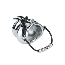 Load image into Gallery viewer, Weighted Stainless Steel Chastity Cage with Chain – beaded rope cage front angled view

