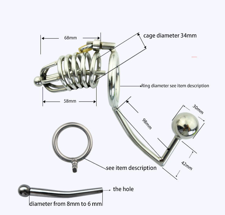 Metal Chastity Cage with Butt Plug Attachment and Urethral Catheter