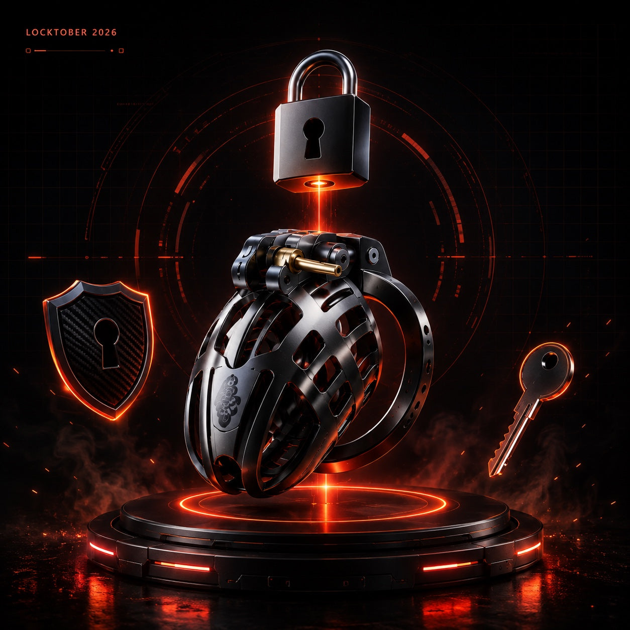 Black metal chastity cage with a glowing lock, key and shield for Locktober 2026